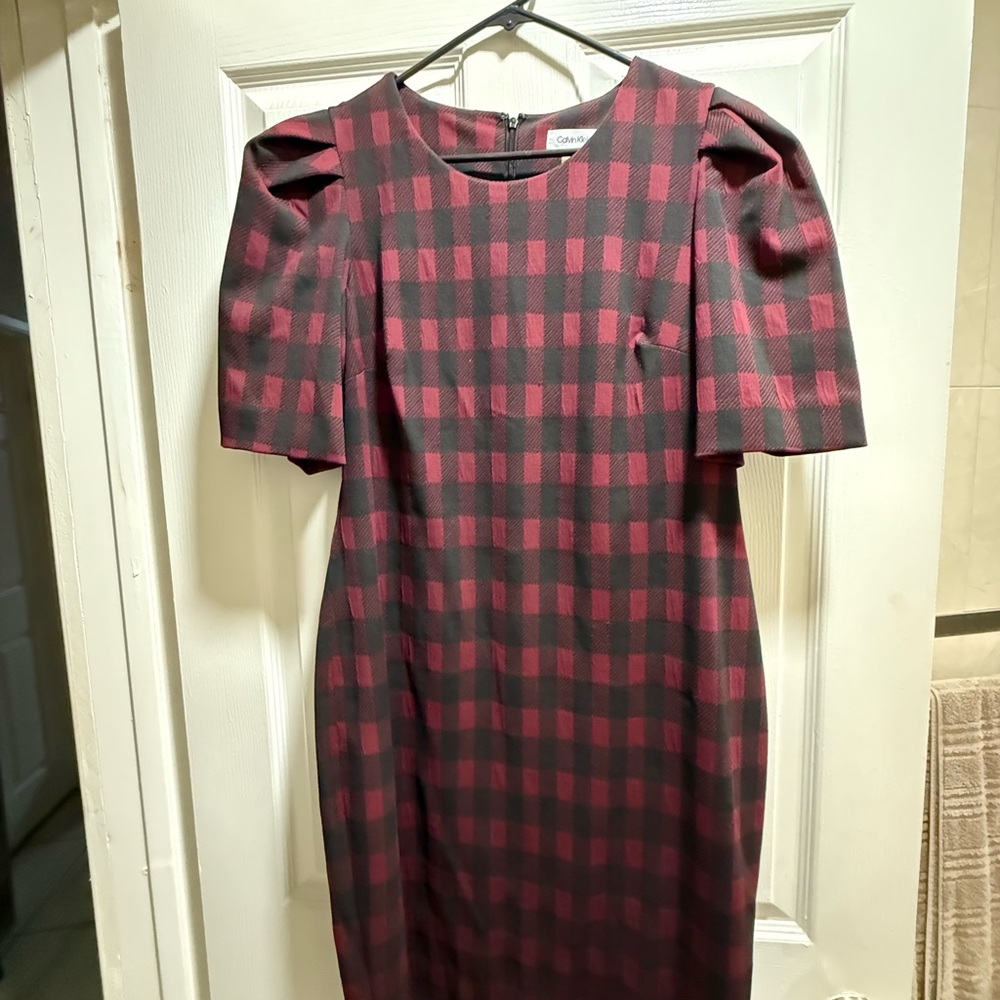 Calvin Klein Red and Black Checkered Midi Dress